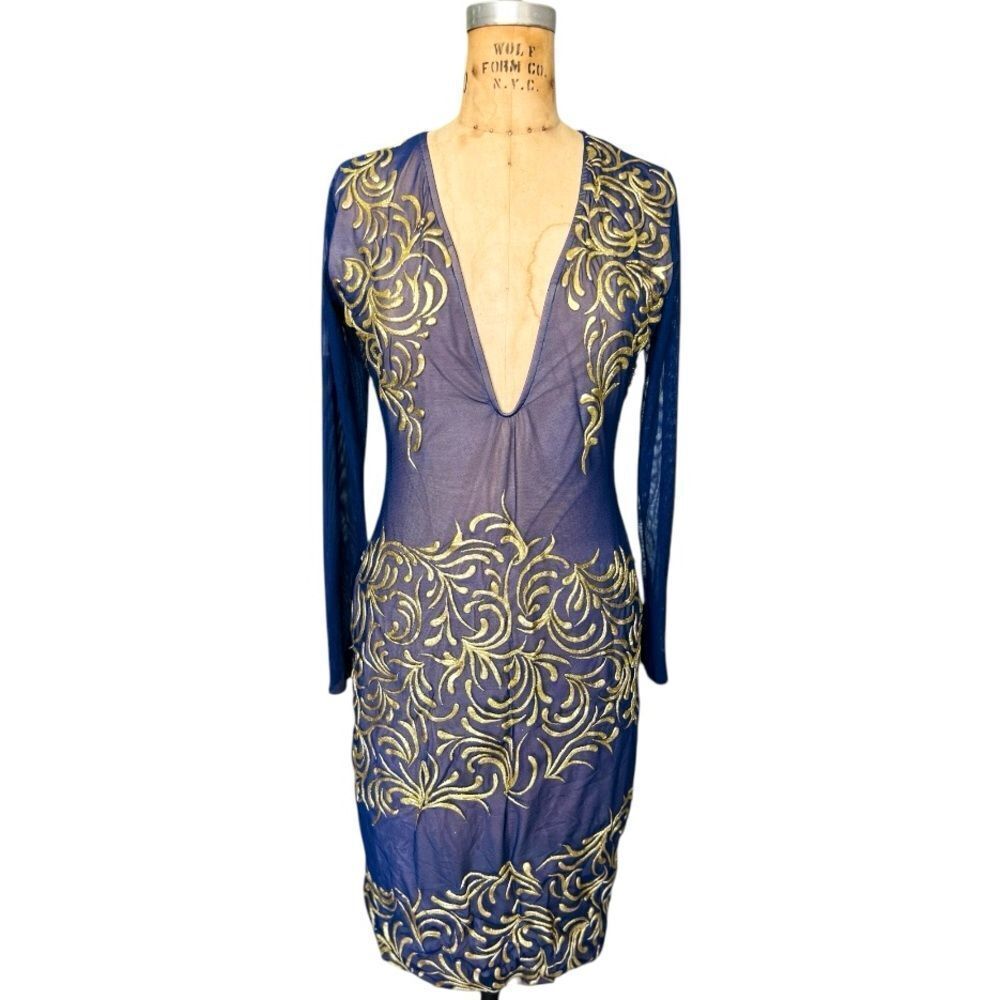 HOLT Maison De Luxe Hand Painting Navy & Gold Mini Embroidered Dress Size L